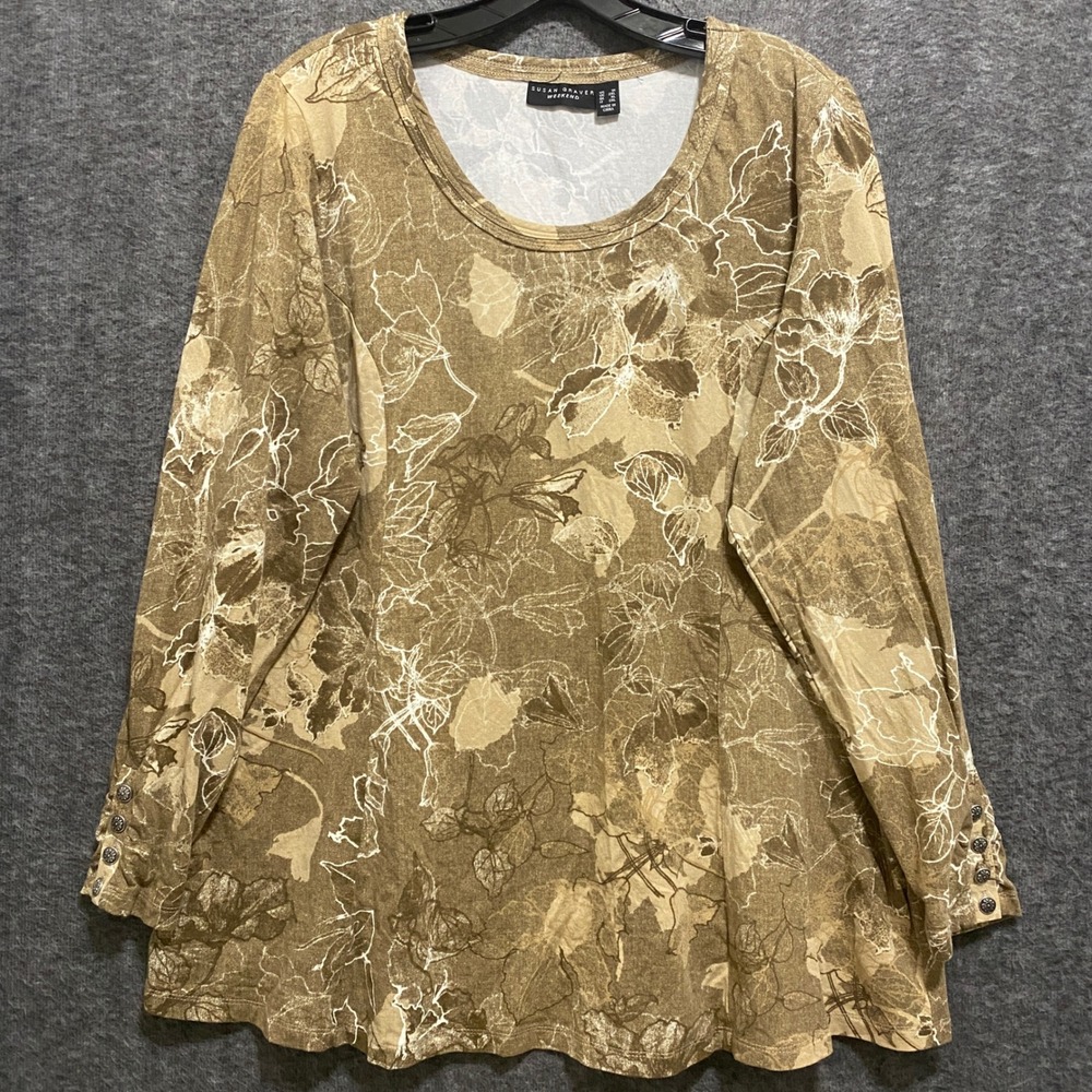 Susan Graver Weekend Liquid Knit Top Women 1X Brown Floral Button Cuff Lagenlook